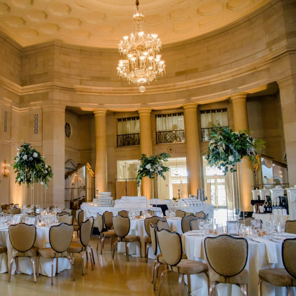 Photo of table setup and chandelier for the Hall of Springs